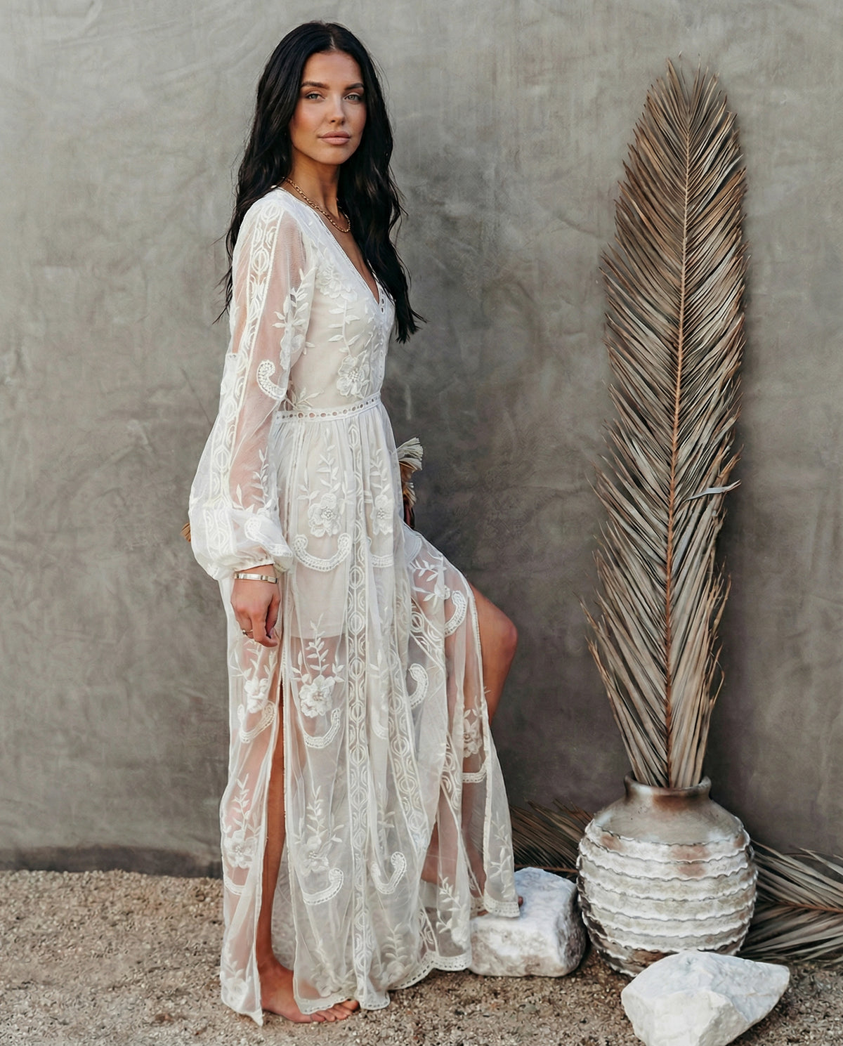 Lace Long Sleeve Plunge Maxi Dress