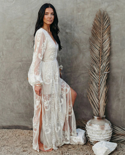 Lace Long Sleeve Plunge Maxi Dress