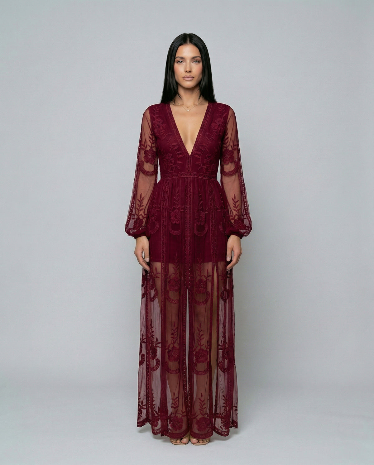 Lace Long Sleeve Plunge Maxi Dress