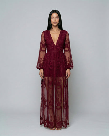 Lace Long Sleeve Plunge Maxi Dress