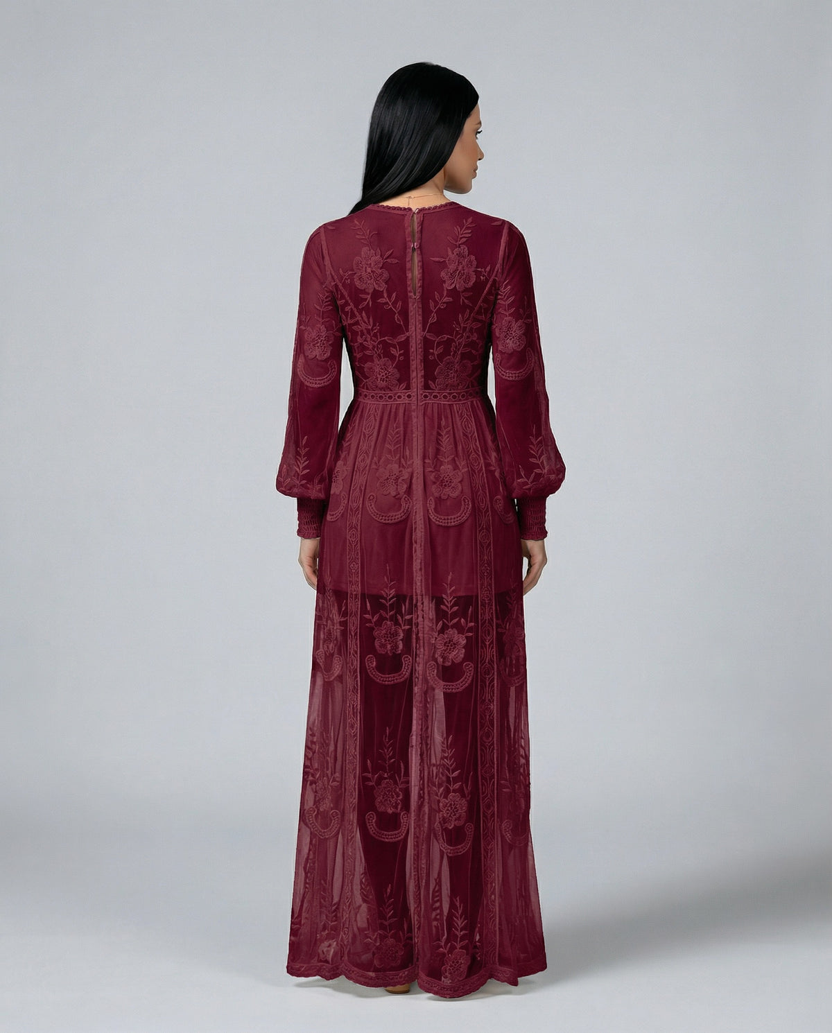 Lace Long Sleeve Plunge Maxi Dress