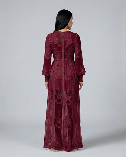 Lace Long Sleeve Plunge Maxi Dress