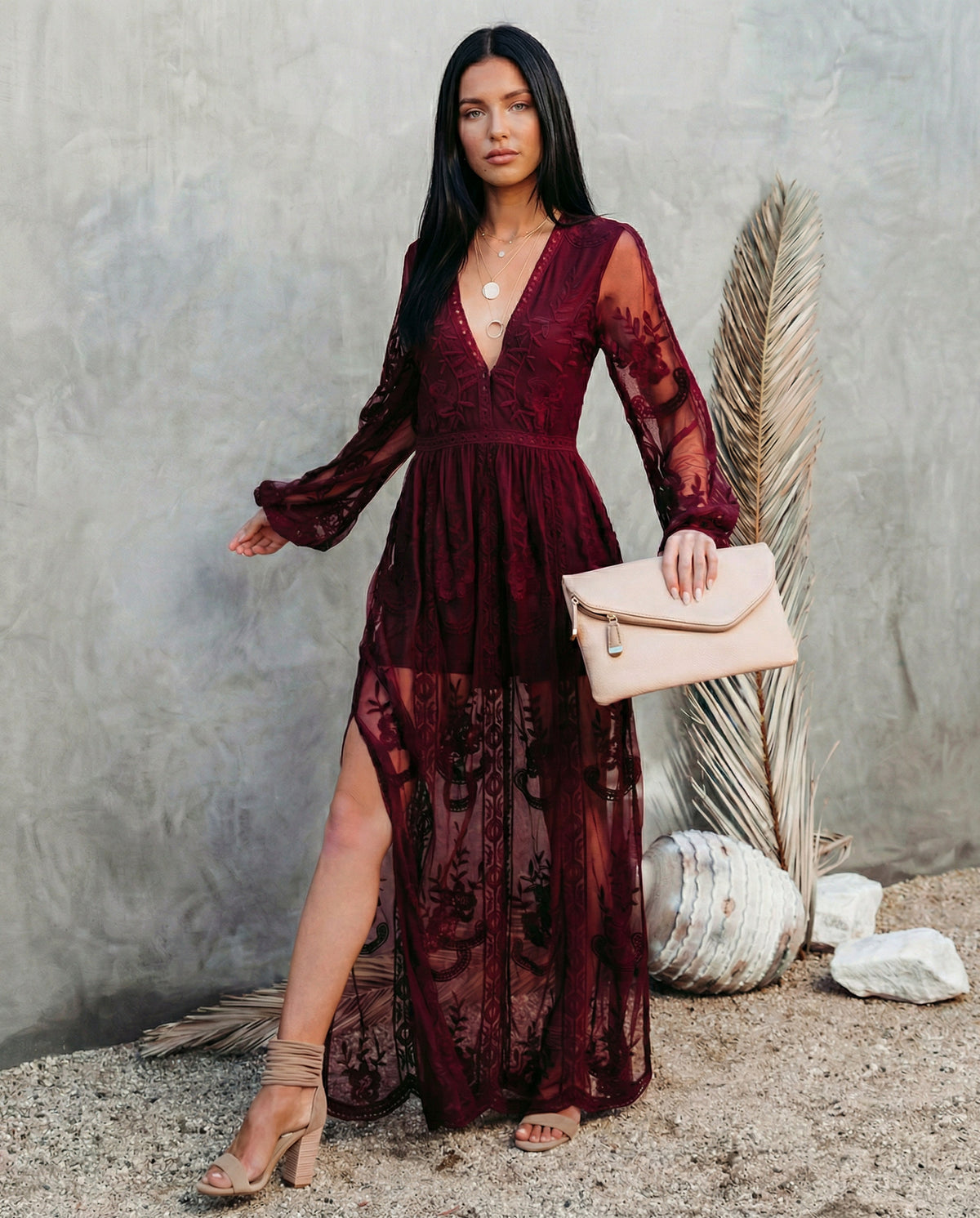 Lace Long Sleeve Plunge Maxi Dress