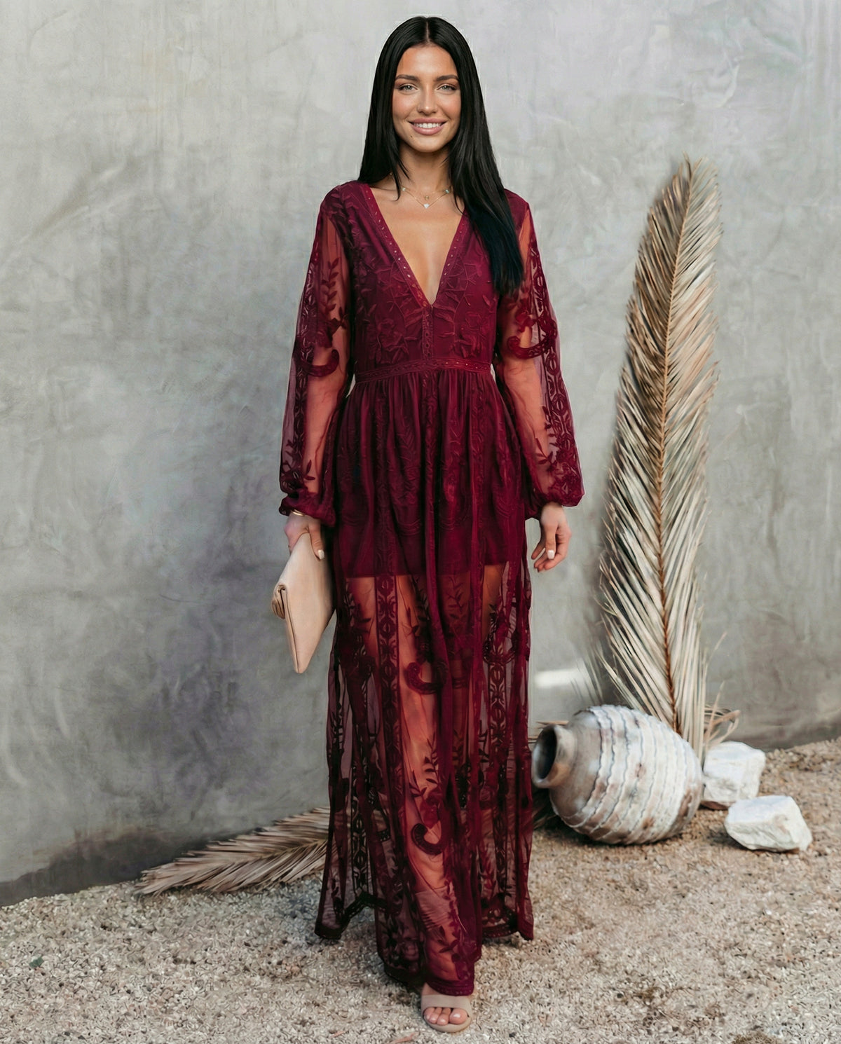 Lace Long Sleeve Plunge Maxi Dress