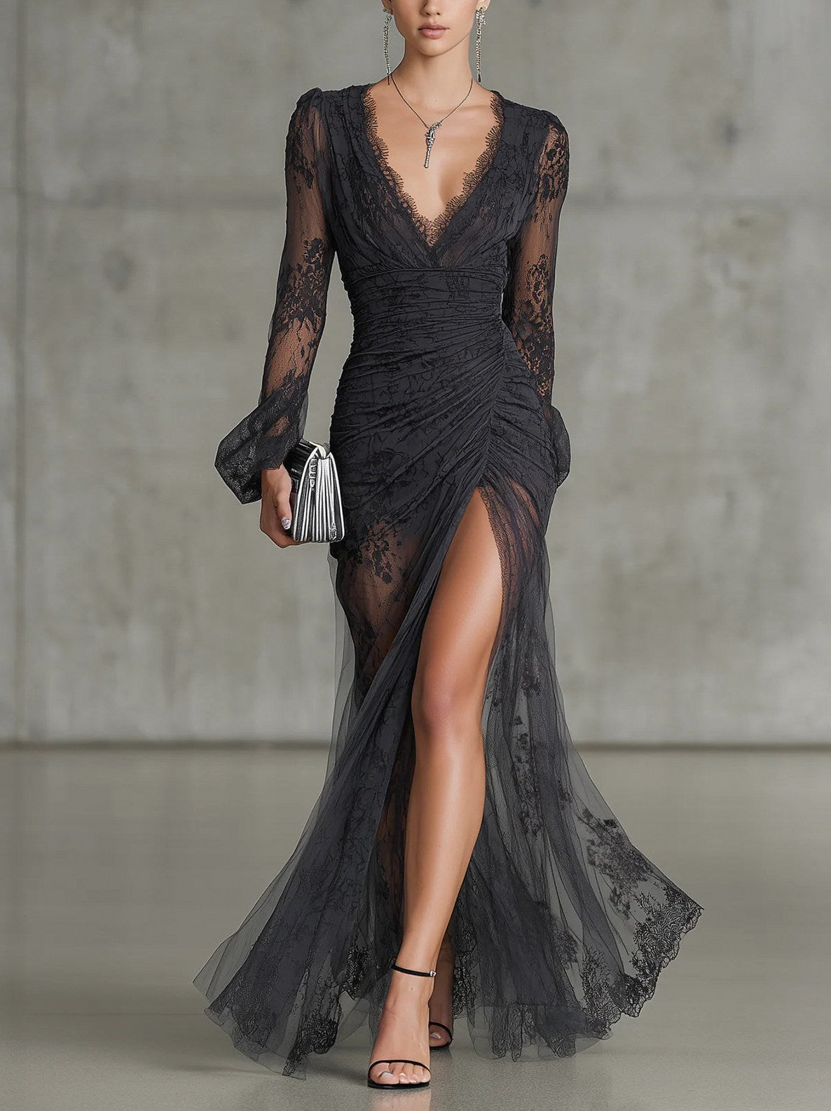 Lace Long Sleeve Ruched Slit Maxi Dress
