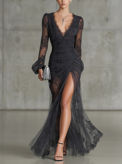 Lace Long Sleeve Ruched Slit Maxi Dress