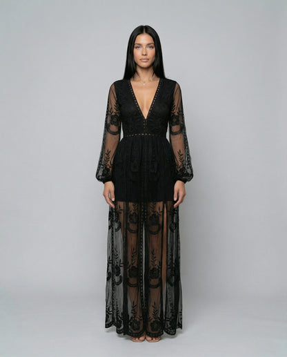 Lace Long Sleeve Plunge Maxi Dress
