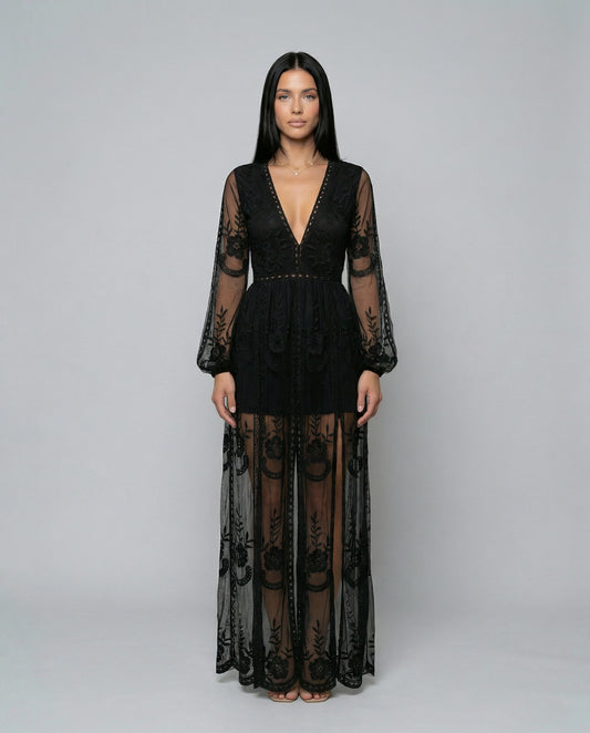 Lace Long Sleeve Plunge Maxi Dress