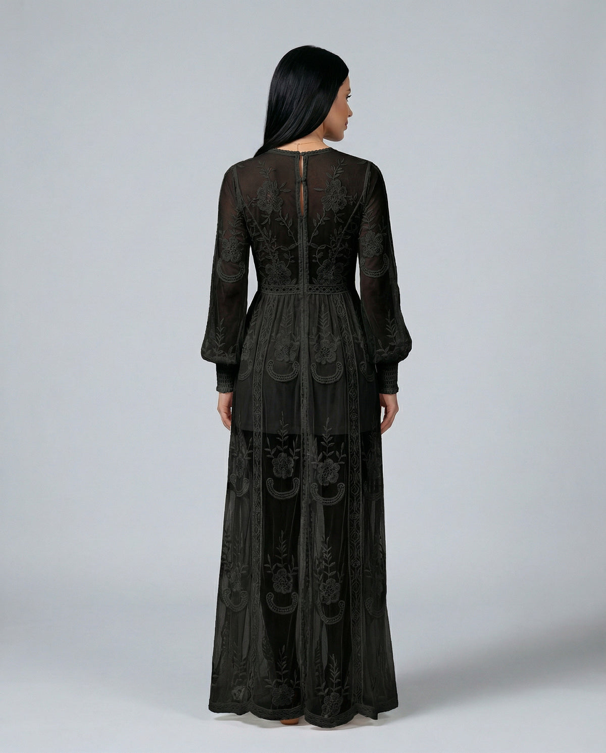 Lace Long Sleeve Plunge Maxi Dress