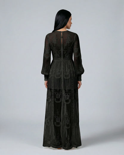 Lace Long Sleeve Plunge Maxi Dress