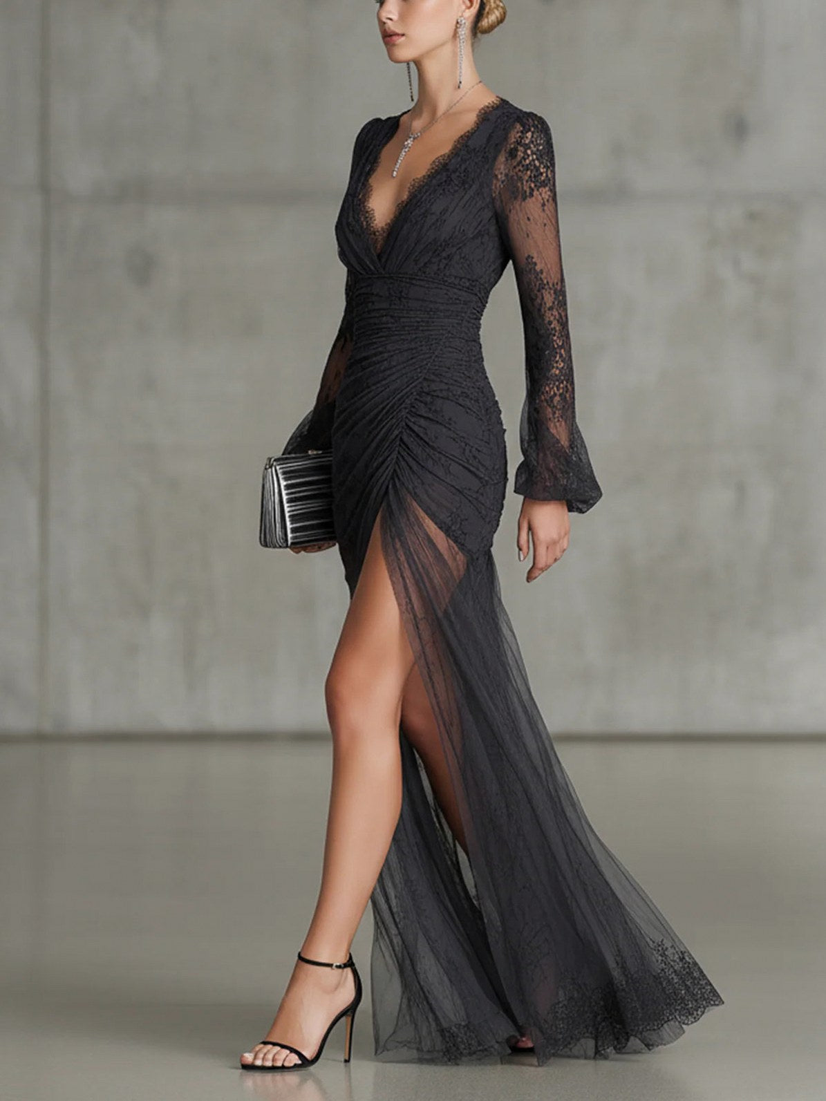Lace Long Sleeve Ruched Slit Maxi Dress