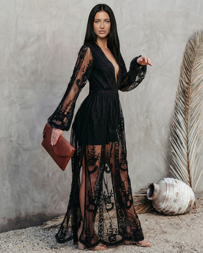 Lace Long Sleeve Plunge Maxi Dress