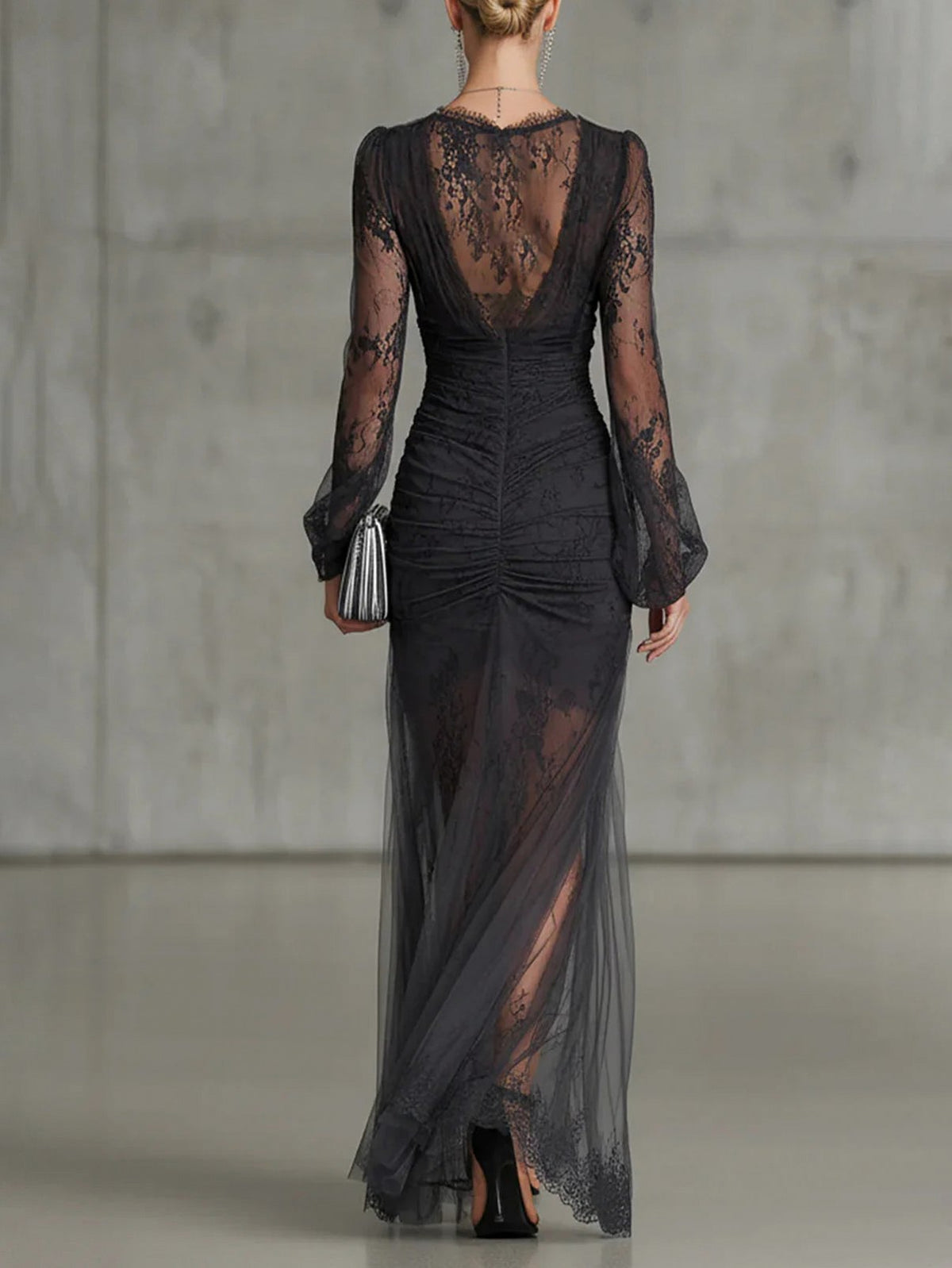 Lace Long Sleeve Ruched Slit Maxi Dress