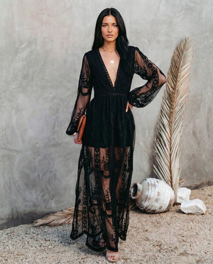 Lace Long Sleeve Plunge Maxi Dress