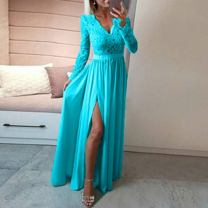 Lace Long Sleeve Slit Maxi Dress