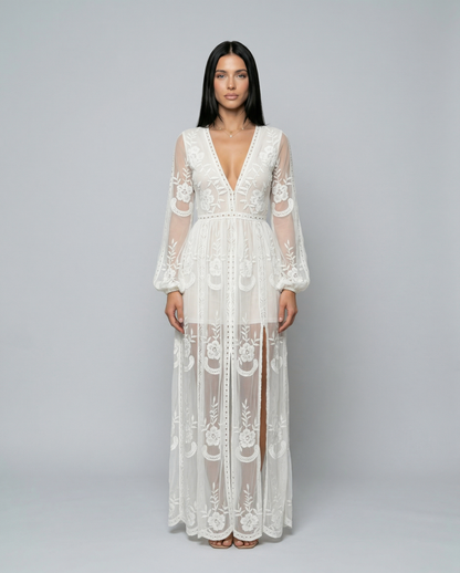 Lace Long Sleeve Plunge Maxi Dress