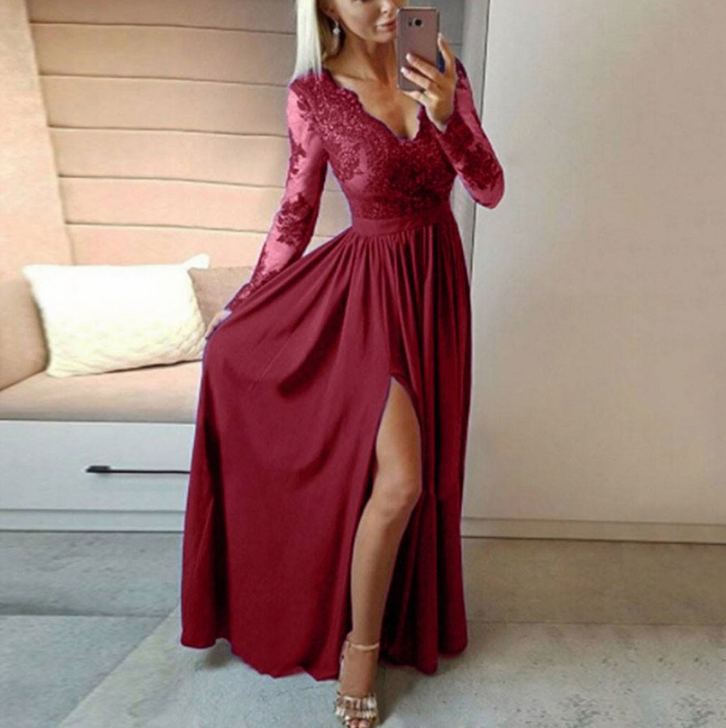 Lace Long Sleeve Slit Maxi Dress