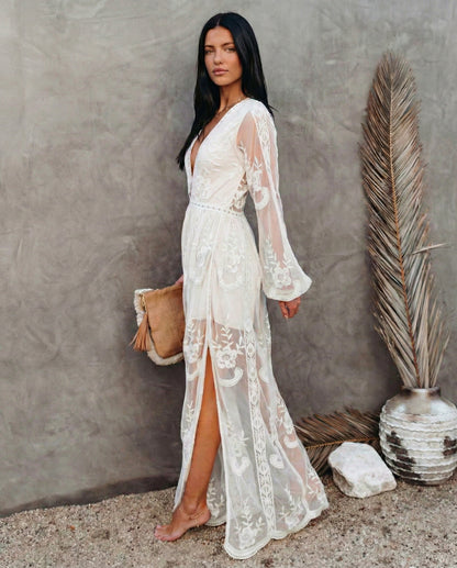 Lace Long Sleeve Plunge Maxi Dress