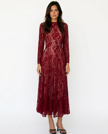 Lace A-Line Long Sleeve Midi Dress