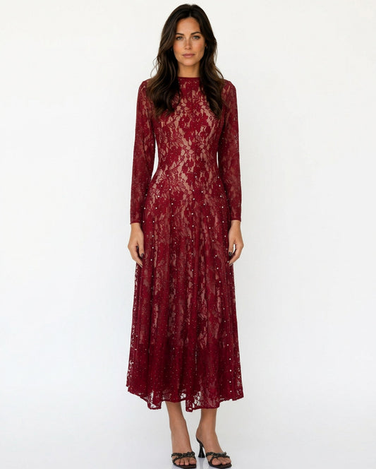 Lace A-Line Long Sleeve Midi Dress