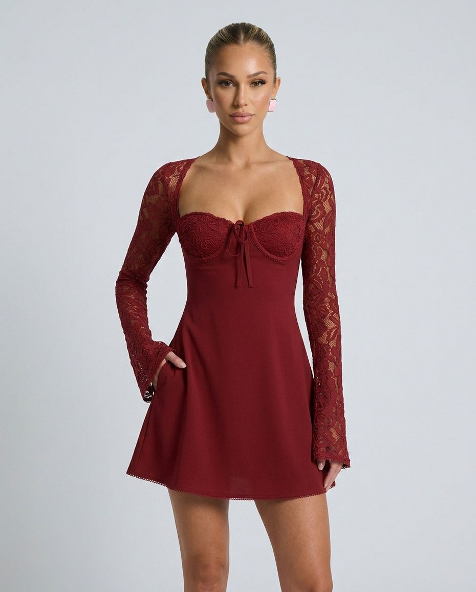 Lace Long Sleeve Sweetheart Neck Mini Dress