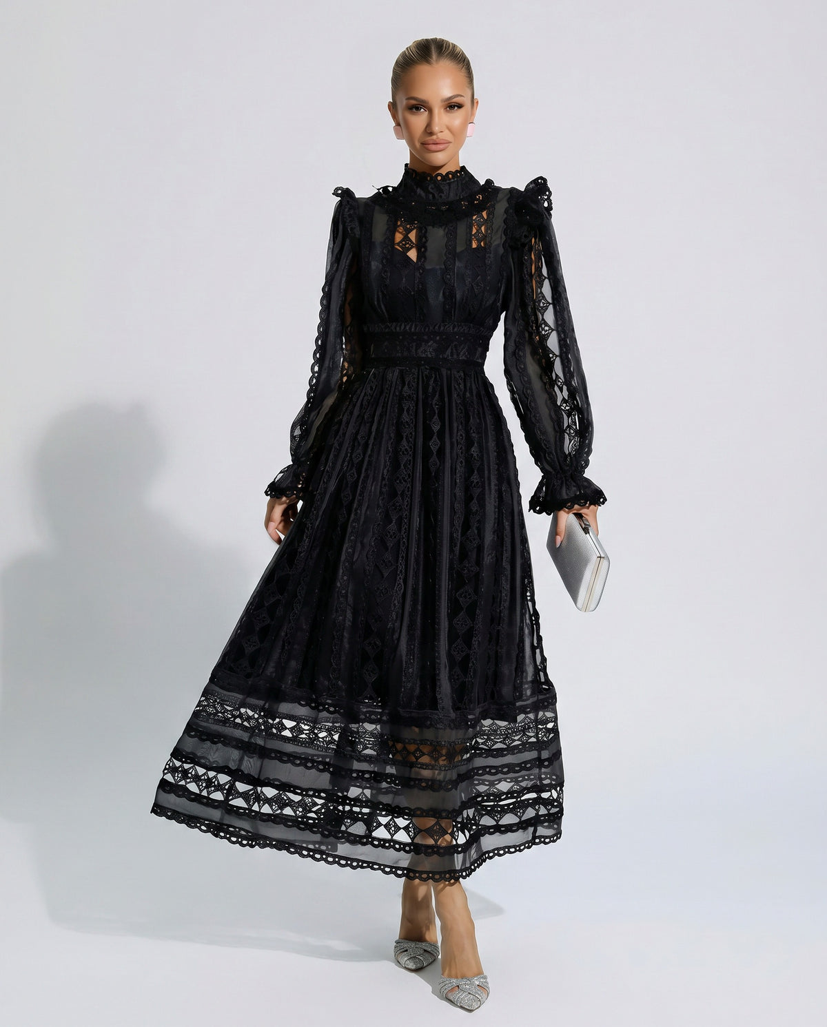 Lace Mock Neck Pleated Midi Dress