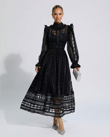 Lace Mock Neck Pleated Midi Dress