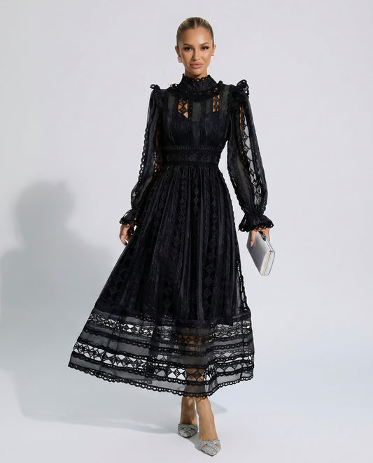 Lace Mock Neck Pleated Midi Dress