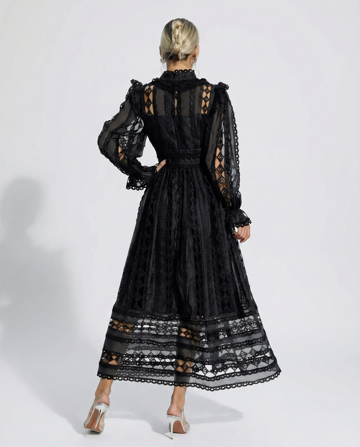 Lace Mock Neck Pleated Midi Dress
