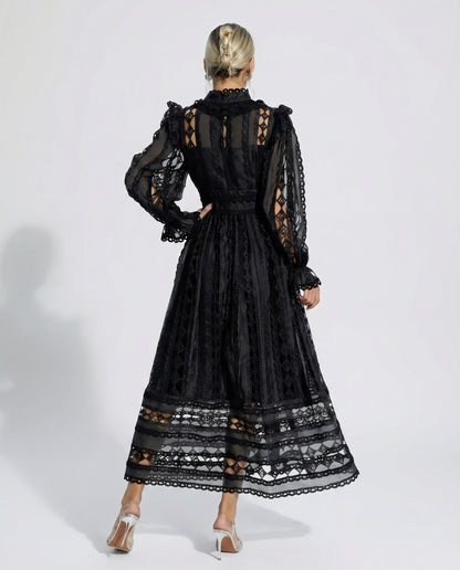 Lace Mock Neck Pleated Midi Dress