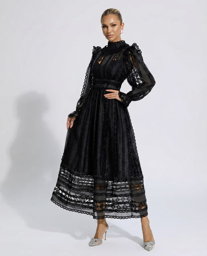 Lace Mock Neck Pleated Midi Dress