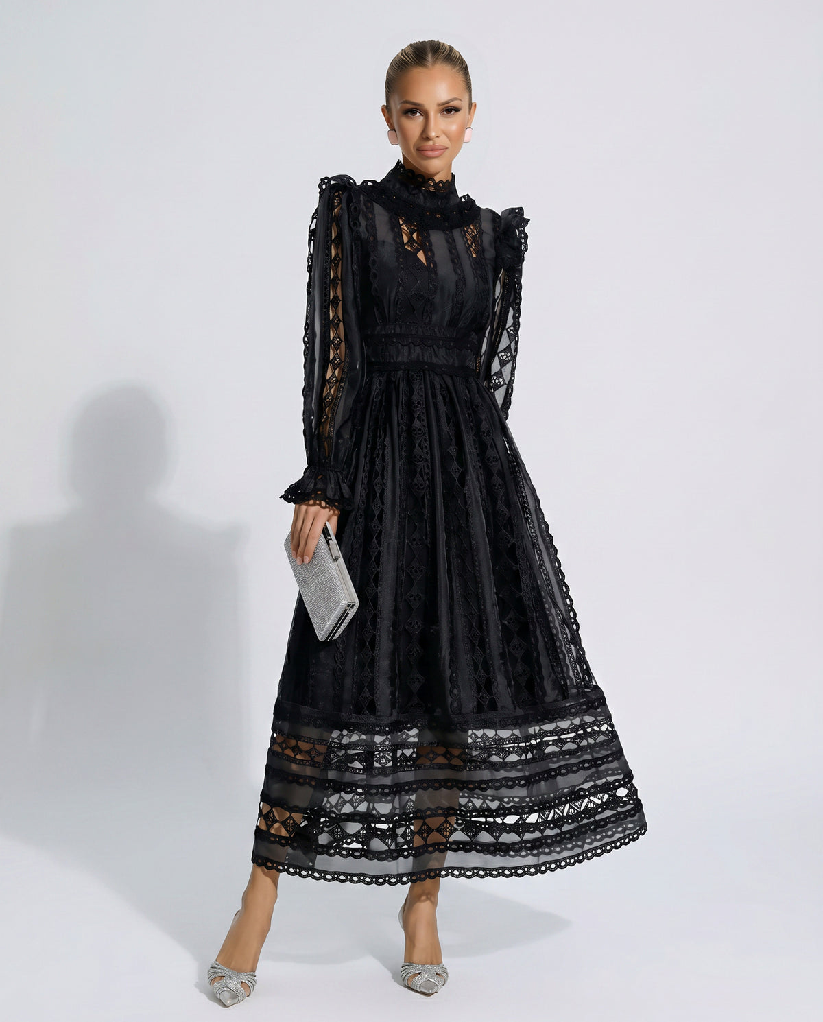 Lace Mock Neck Pleated Midi Dress