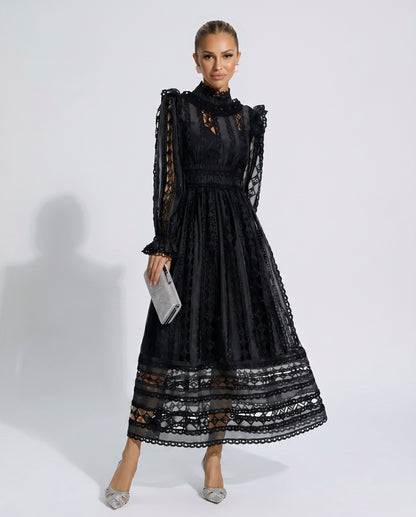 Lace Mock Neck Pleated Midi Dress