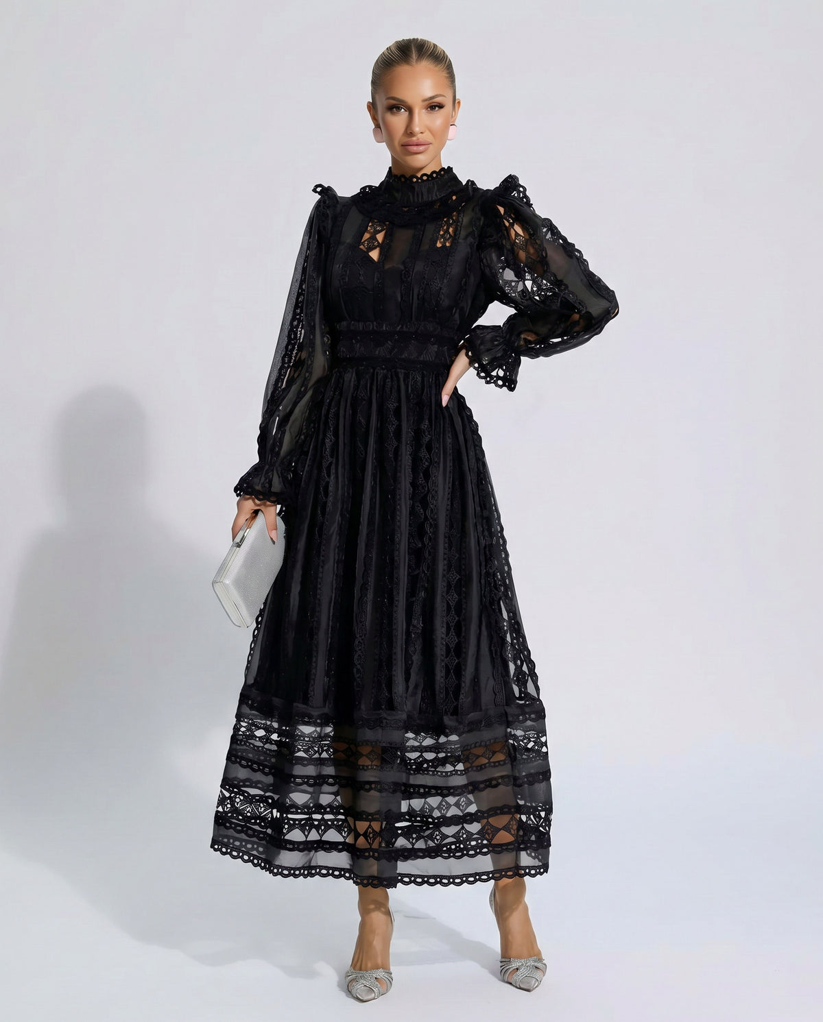 Lace Mock Neck Pleated Midi Dress