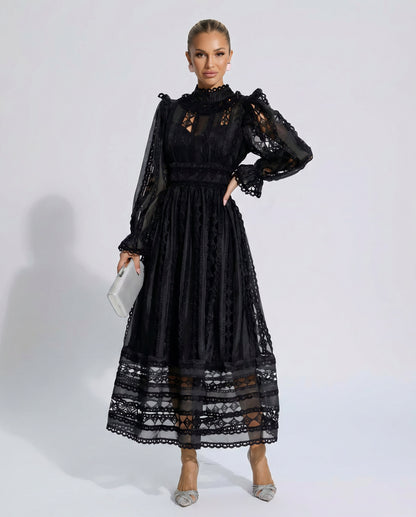 Lace Mock Neck Pleated Midi Dress