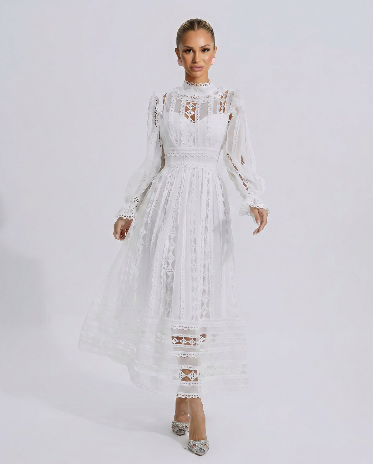 Lace Mock Neck Pleated Midi Dress