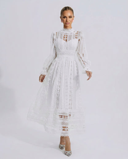 Lace Mock Neck Pleated Midi Dress