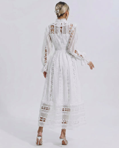 Lace Mock Neck Pleated Midi Dress