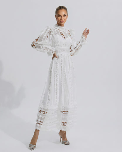 Lace Mock Neck Pleated Midi Dress
