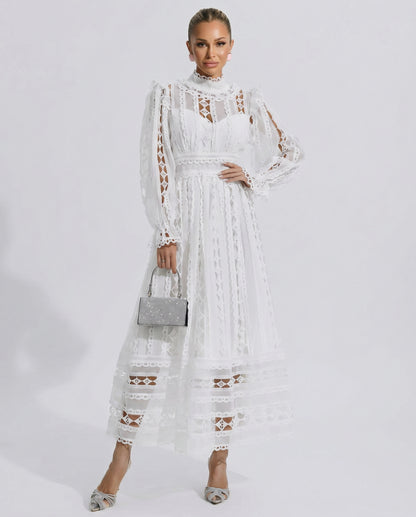 Lace Mock Neck Pleated Midi Dress