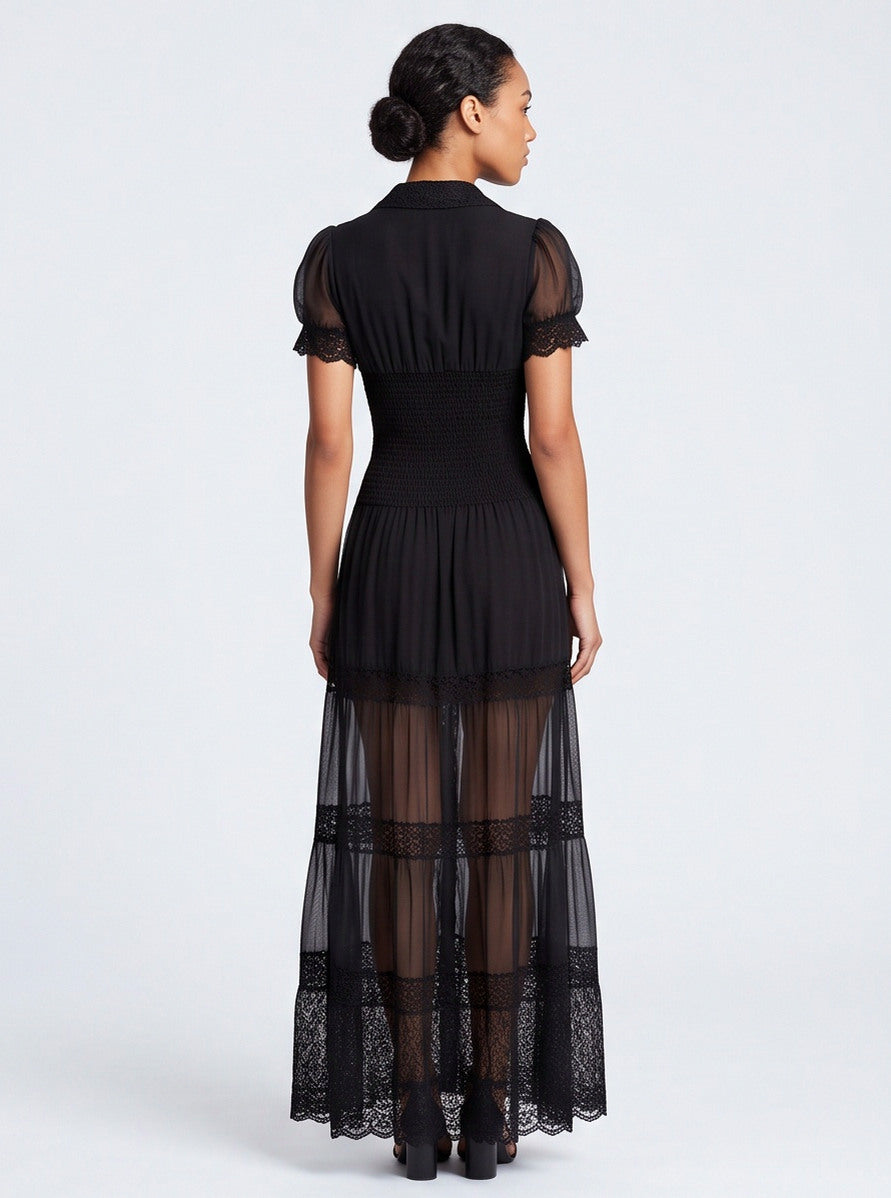 Lace Puff Sleeve Tiered Maxi Dress