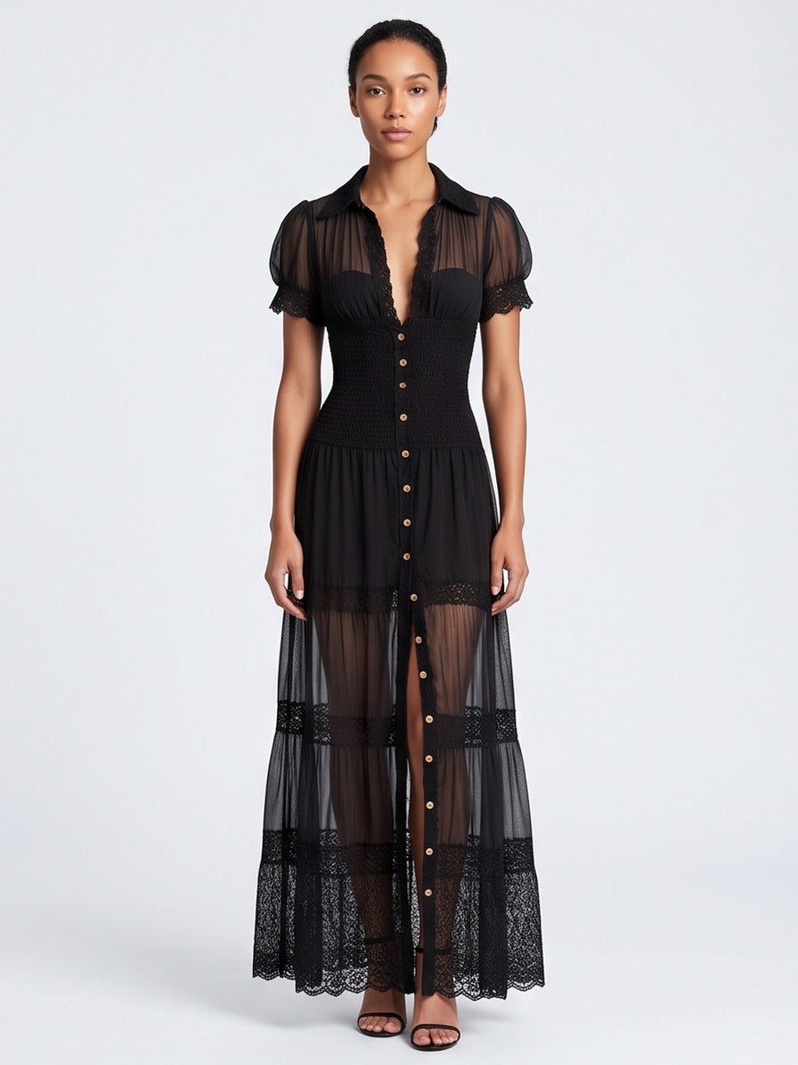 Lace Puff Sleeve Tiered Maxi Dress