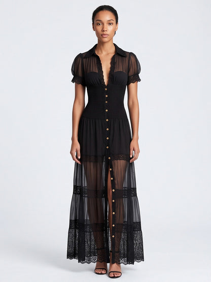 Lace Puff Sleeve Tiered Maxi Dress