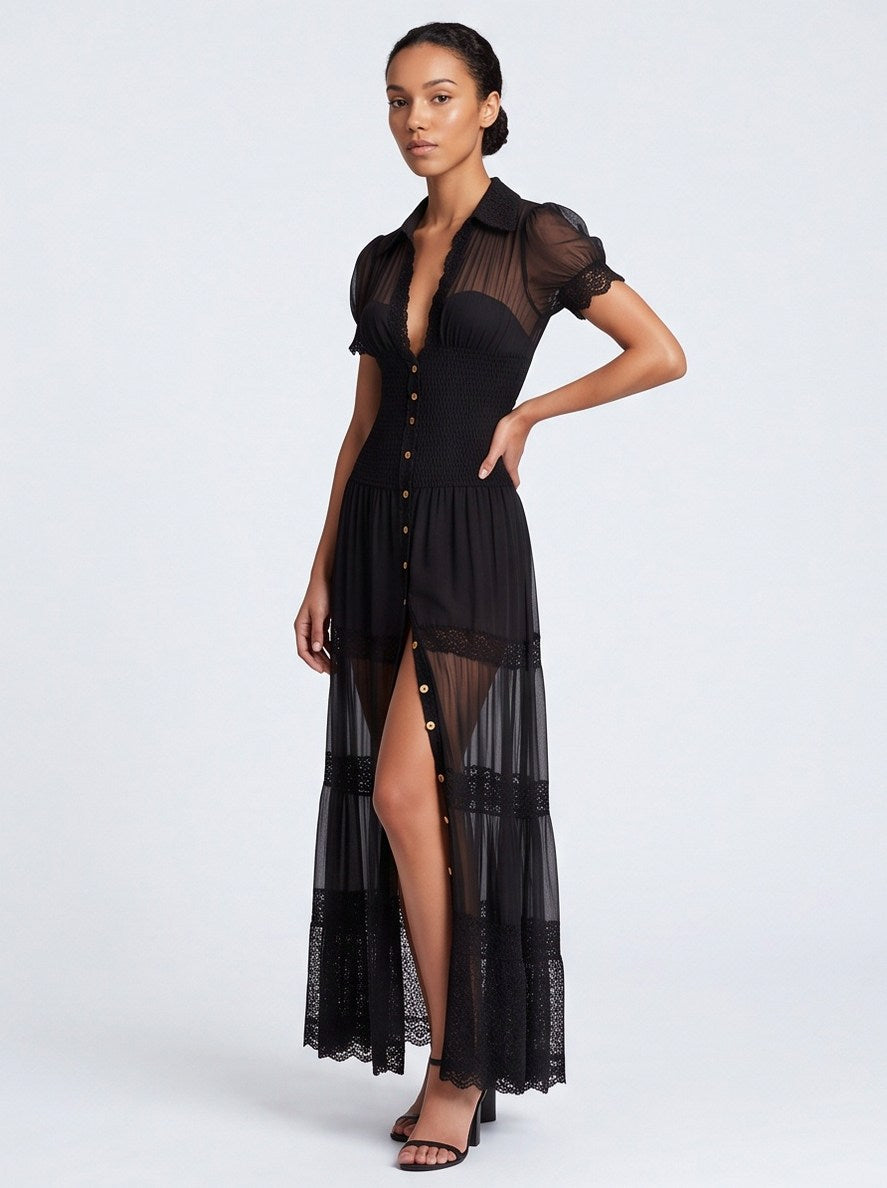 Lace Puff Sleeve Tiered Maxi Dress