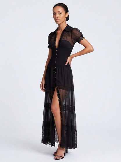 Lace Puff Sleeve Tiered Maxi Dress