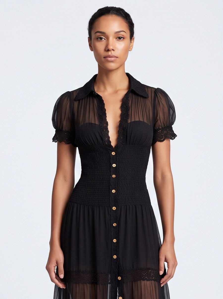 Lace Puff Sleeve Tiered Maxi Dress