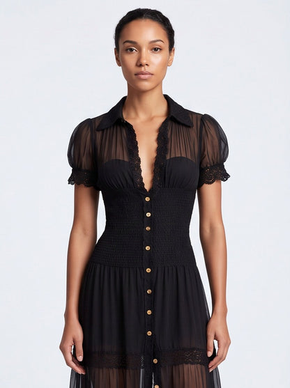Lace Puff Sleeve Tiered Maxi Dress