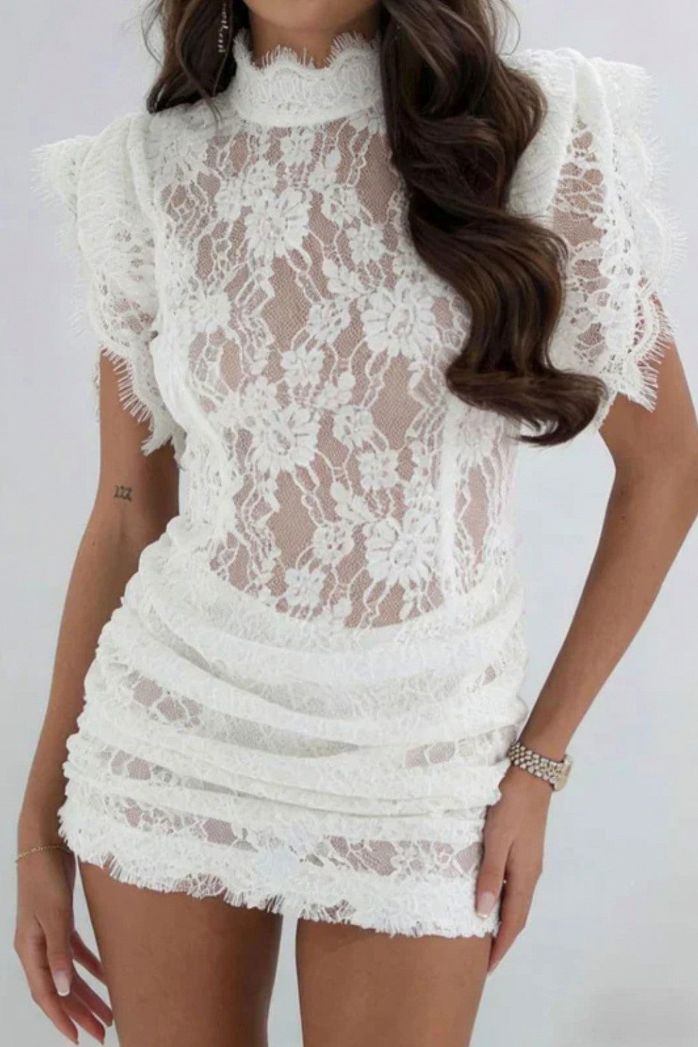 Lace Ruched Short Sleeve Mini Dress