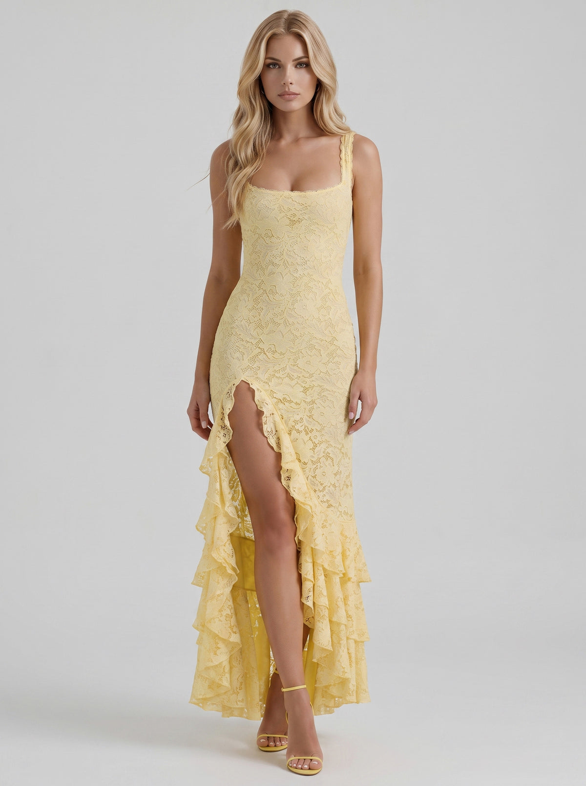 Lace Ruffled High Slit Maxi Dress
