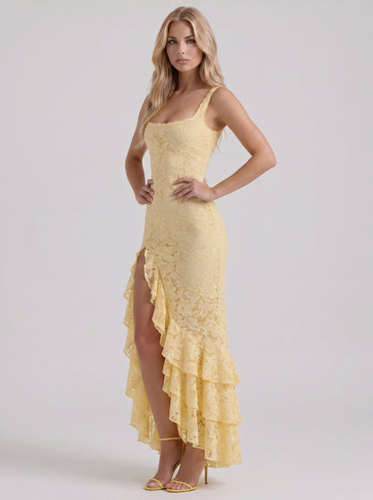 Lace Ruffled High Slit Maxi Dress